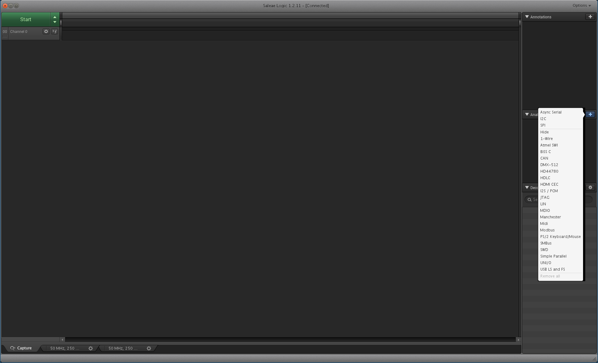 Screenshot of Logic software: Analyser setting menu