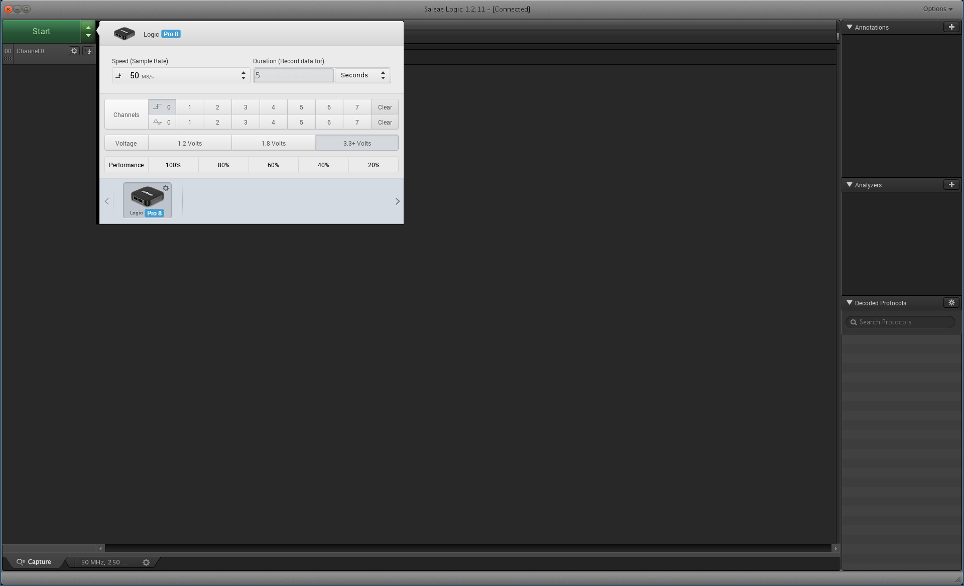 Screenshot of Logic software: Collection bitrate setting menu