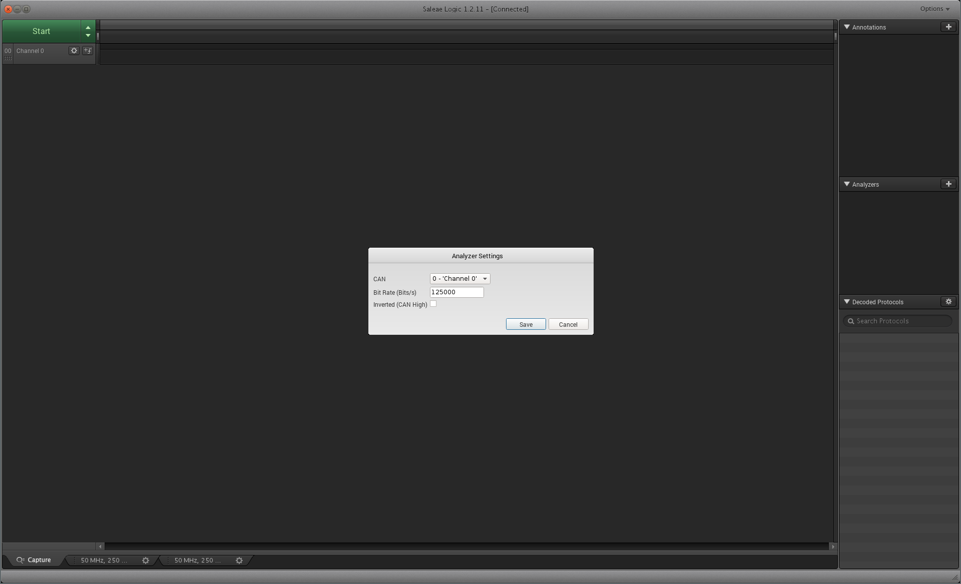 Screenshot of Logic software: Analyser setting menu, sample bitrate setting