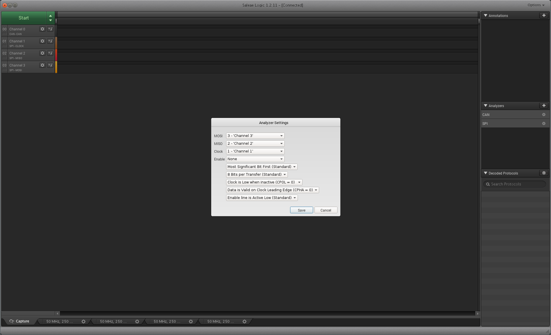 Screenshot of Logic software: SPI Analyser setting menu